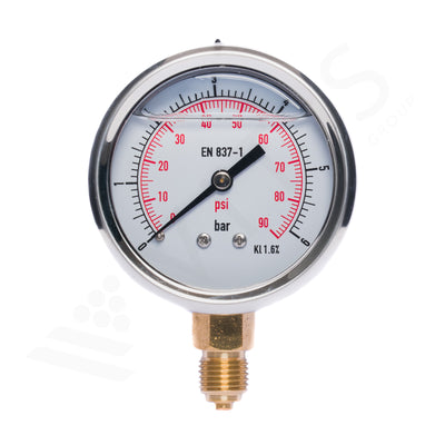 Manometro GAS 1/2" M Radiale, Cassa Ø 100 mm in Acciaio INOX con Glicerina, Range 0-6 bar