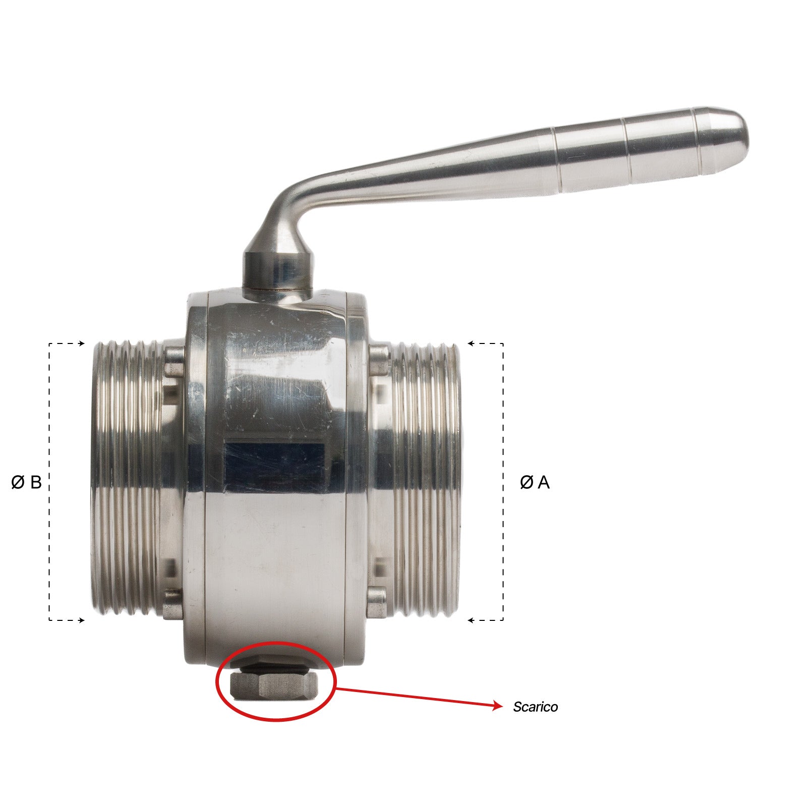 Valvola a Sfera INOX DIN 60 F x DIN 60 F con Scarico